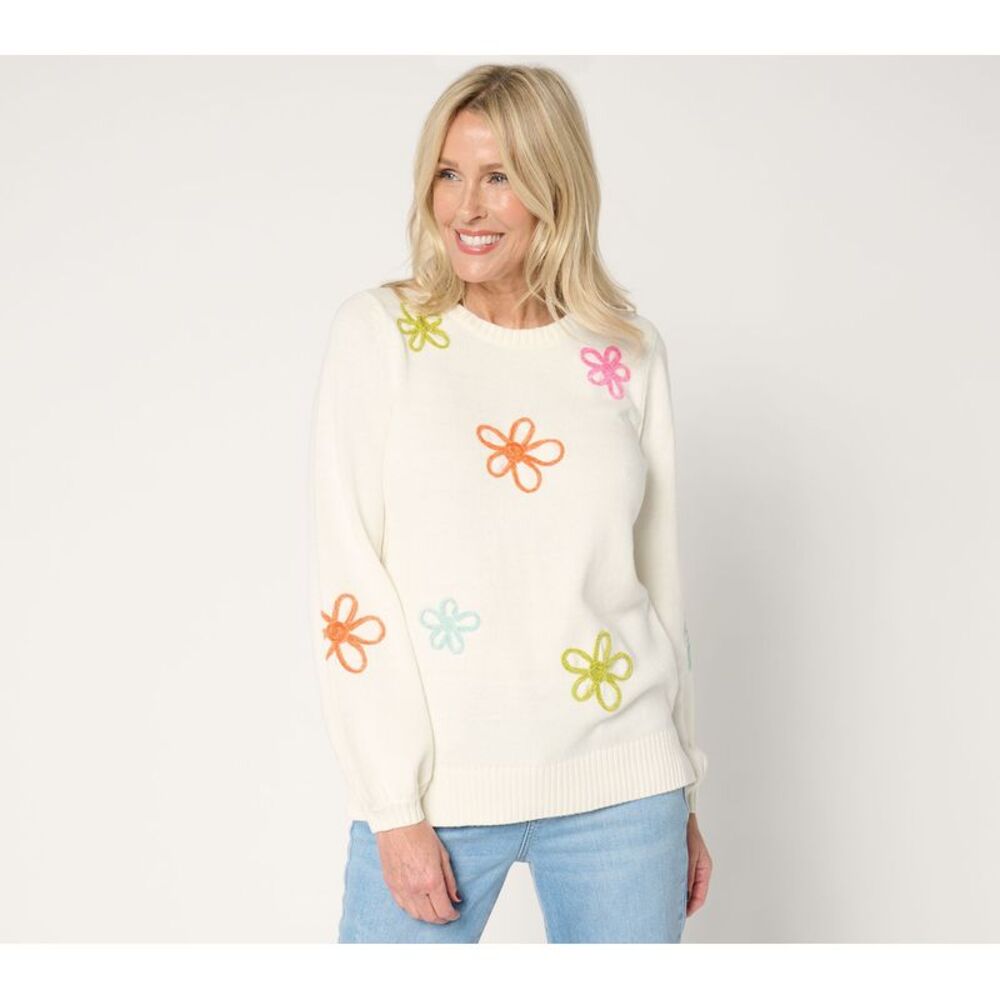 SUNNYLiFE Women's Top Sweater Sz XL Femme Flowers Chenille Daisy White A677088
